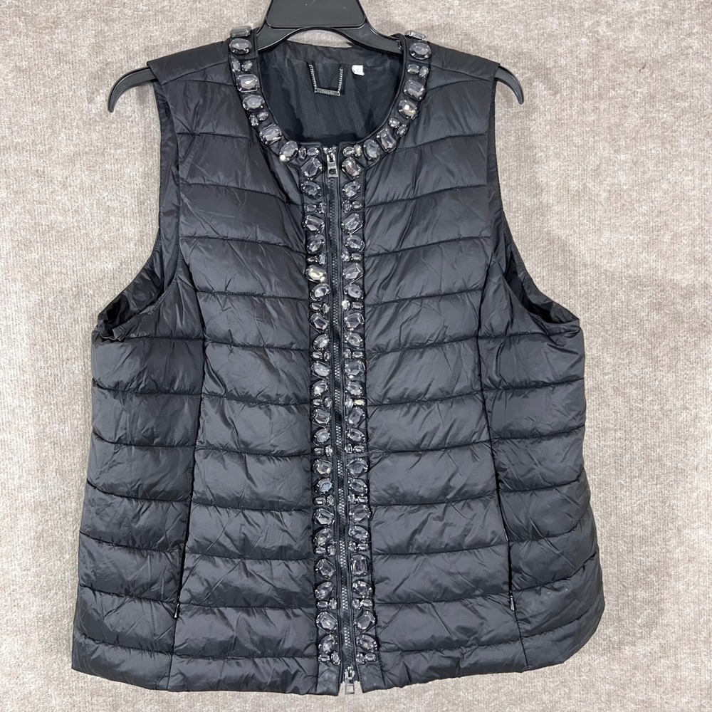 Chico's Puffer Vest Women XXL Black Embellished Rhinestone Quilted Zip Up